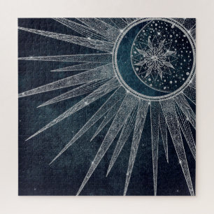 Elegant Silver Sun Moon Doodle Mandala Blue Design Legpuzzel