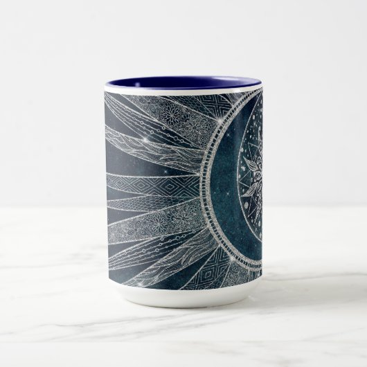 Elegant Silver Sun Moon Doodle Mandala Blue Design Mok (Midden)