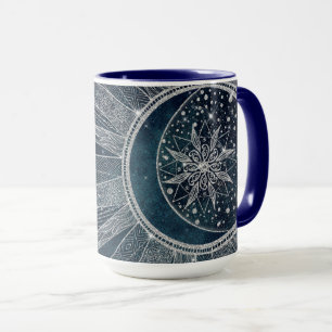Elegant Silver Sun Moon Doodle Mandala Blue Design Mok