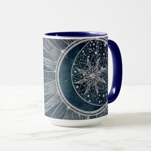Elegant Silver Sun Moon Doodle Mandala Blue Design Mok (Voorkant rechts)