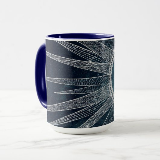 Elegant Silver Sun Moon Doodle Mandala Blue Design Mok (Voorkant links)