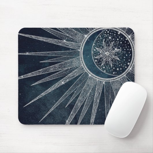 Elegant Silver Sun Moon Doodle Mandala Blue Design Muismat (Met muis)