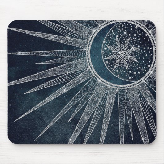 Elegant Silver Sun Moon Doodle Mandala Blue Design Muismat (Voorkant)