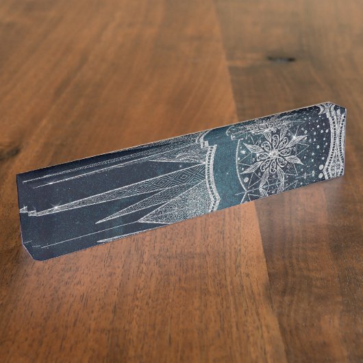 Elegant Silver Sun Moon Doodle Mandala Blue Design Naambordje (Zijkant)