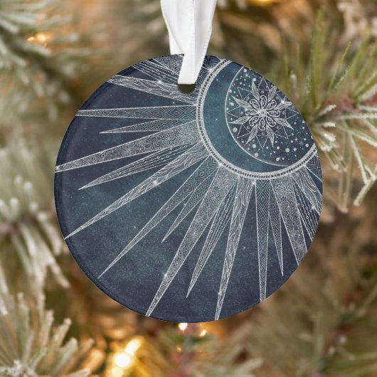 Elegant Silver Sun Moon Doodle Mandala Blue Design Ornament (Boom)