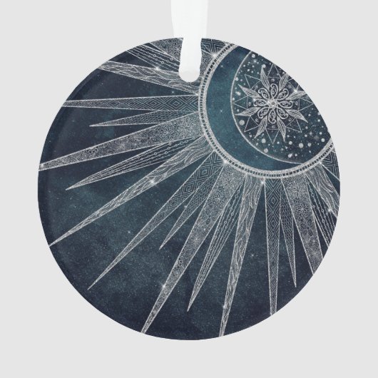 Elegant Silver Sun Moon Doodle Mandala Blue Design Ornament (achterkant)