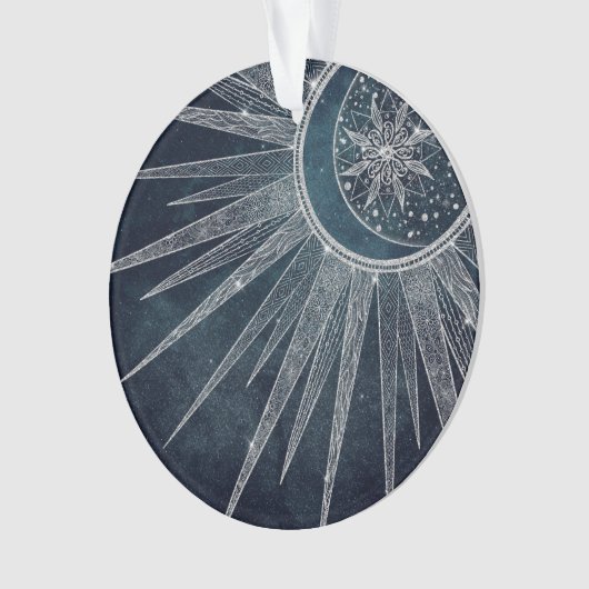 Elegant Silver Sun Moon Doodle Mandala Blue Design Ornament (voorkant)