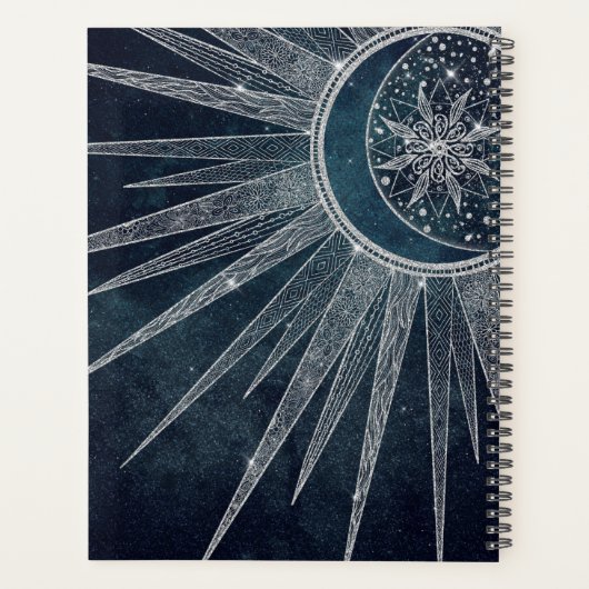 Elegant Silver Sun Moon Doodle Mandala Blue Design Planner (Achterkant)