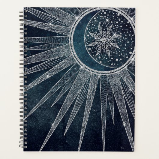 Elegant Silver Sun Moon Doodle Mandala Blue Design Planner (Voorkant)