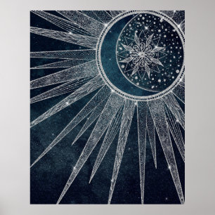 Elegant Silver Sun Moon Doodle Mandala Blue Design Poster