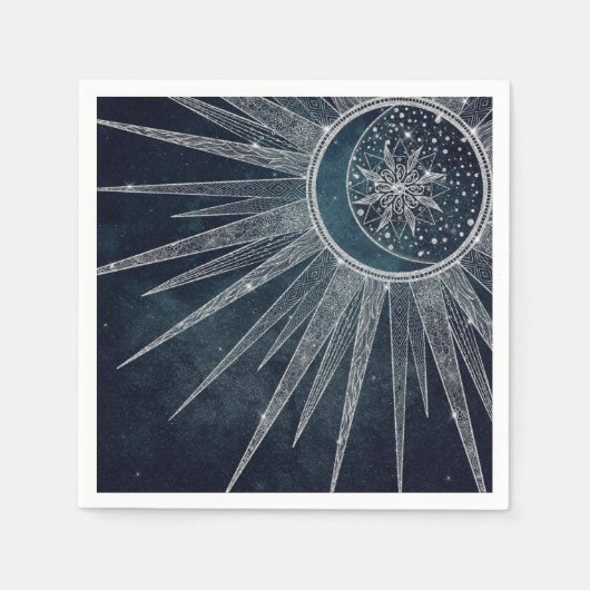 Elegant Silver Sun Moon Doodle Mandala Blue Design Servet (Voorkant)