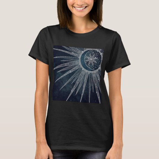 Elegant Silver Sun Moon Doodle Mandala Blue Design T-shirt (Voorkant)
