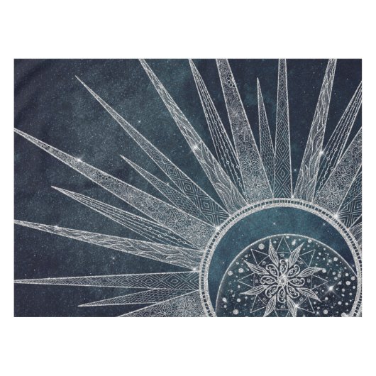 Elegant Silver Sun Moon Doodle Mandala Blue Design Tafelkleed (Voorkant (Horizontaal))