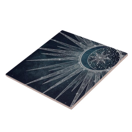 Elegant Silver Sun Moon Doodle Mandala Blue Design Tegeltje (Zijkant)