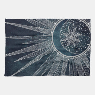 Elegant Silver Sun Moon Doodle Mandala Blue Design Theedoek