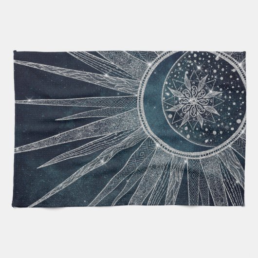 Elegant Silver Sun Moon Doodle Mandala Blue Design Theedoek (Horizontaal)