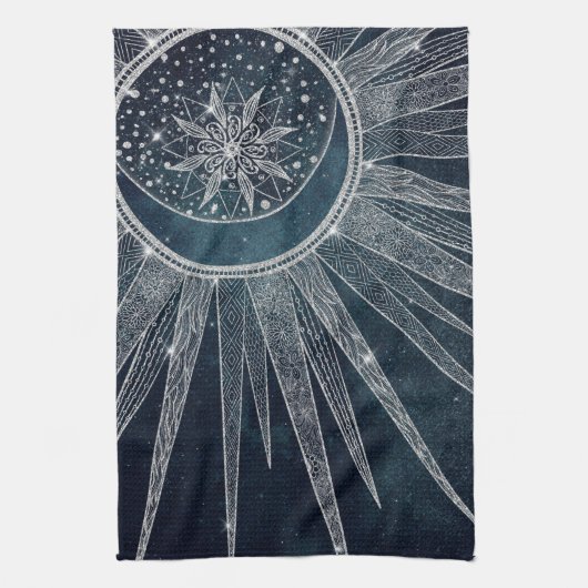 Elegant Silver Sun Moon Doodle Mandala Blue Design Theedoek (Verticaal)