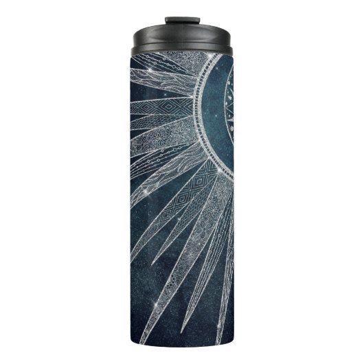 Elegant Silver Sun Moon Doodle Mandala Blue Design Thermosbeker (Voorkant)