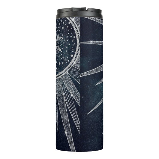 Elegant Silver Sun Moon Doodle Mandala Blue Design Thermosbeker (Achterkant)
