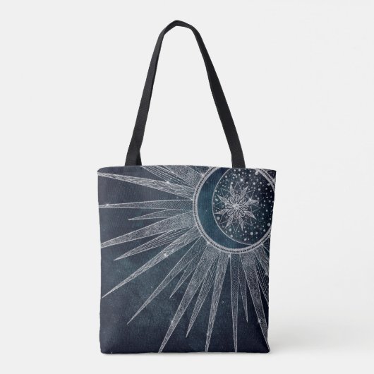 Elegant Silver Sun Moon Doodle Mandala Blue Design Tote Bag (Achterkant)