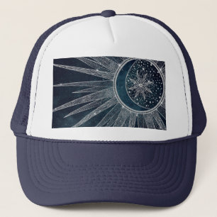 Elegant Silver Sun Moon Doodle Mandala Blue Design Trucker Pet