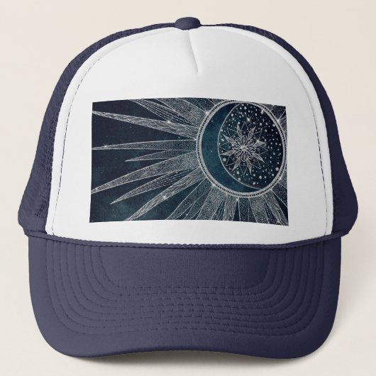 Elegant Silver Sun Moon Doodle Mandala Blue Design Trucker Pet (Voorkant)