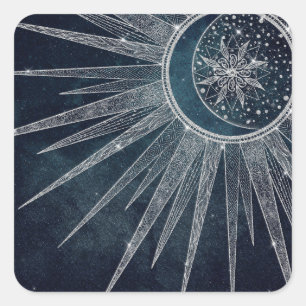 Elegant Silver Sun Moon Doodle Mandala Blue Design Vierkante Sticker