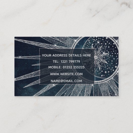 Elegant Silver Sun Moon Doodle Mandala Blue Design Visitekaartje (Achterkant)