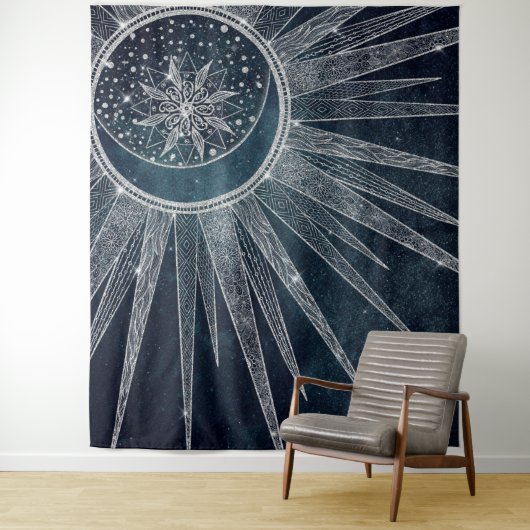 Elegant Silver Sun Moon Doodle Mandala Blue Design Wandkleed (In situ)