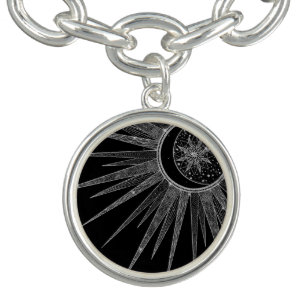 Elegant Silver Sun Moon Mandala Black Design Armband