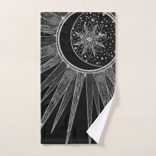 Elegant Silver Sun Moon Mandala Black Design Bad Handdoek (Handdoek)