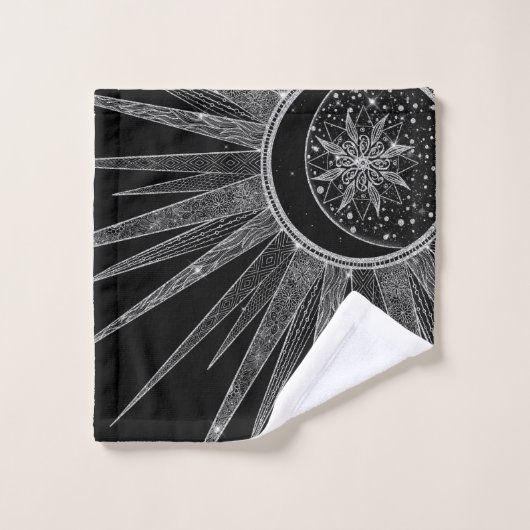Elegant Silver Sun Moon Mandala Black Design Bad Handdoek (Wasdoekje)