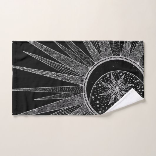 Elegant Silver Sun Moon Mandala Black Design Bad Handdoek (Handdoek)