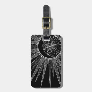 Elegant Silver Sun Moon Mandala Black Design Bagagelabel