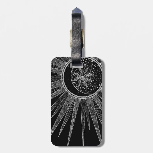 Elegant Silver Sun Moon Mandala Black Design Bagagelabel (Achterkant verticaal)