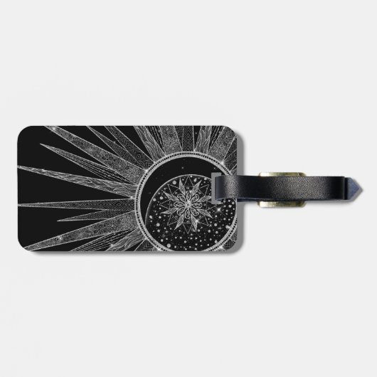 Elegant Silver Sun Moon Mandala Black Design Bagagelabel (Achterkant horizontaal)