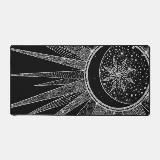 Elegant Silver Sun Moon Mandala Black Design Bureaumat (Voorkant)