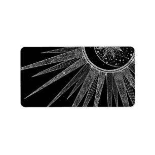 Elegant Silver Sun Moon Mandala Black Design Etiket