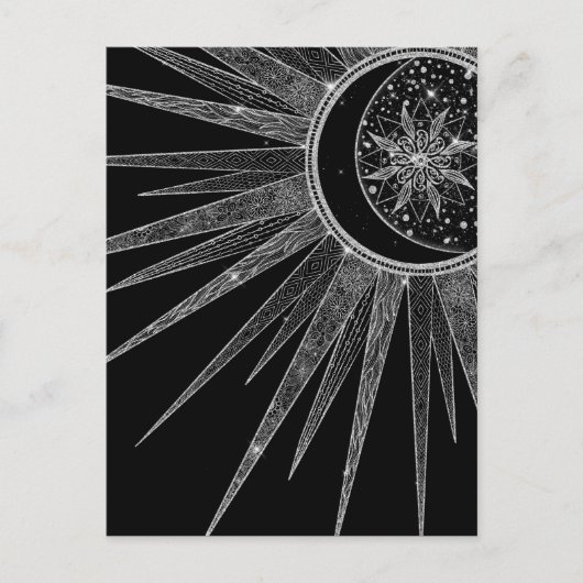 Elegant Silver Sun Moon Mandala Black Design Feestdagenkaart (Voorkant)