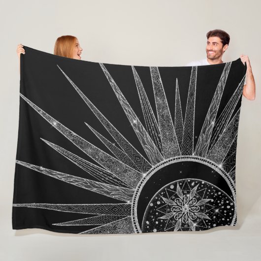 Elegant Silver Sun Moon Mandala Black Design Fleece Deken (In situ)