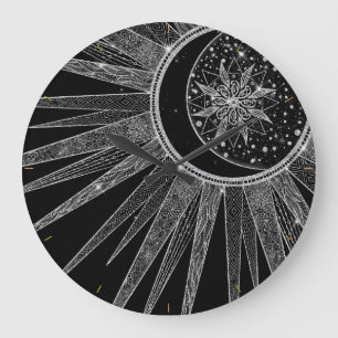 Elegant Silver Sun Moon Mandala Black Design Grote Klok
