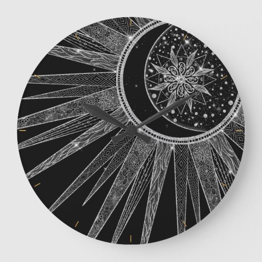 Elegant Silver Sun Moon Mandala Black Design Grote Klok (Voorkant)