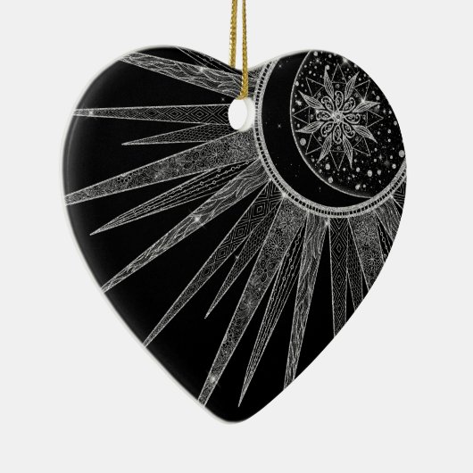 Elegant Silver Sun Moon Mandala Black Design Keramisch Ornament (Rechts)