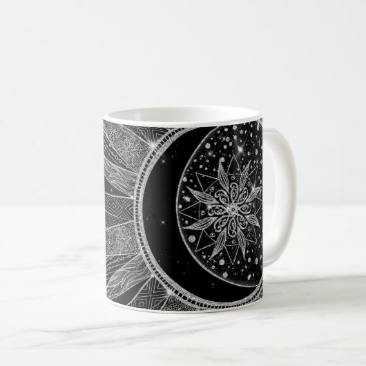 Elegant Silver Sun Moon Mandala Black Design Koffiemok (Voorkant rechts)