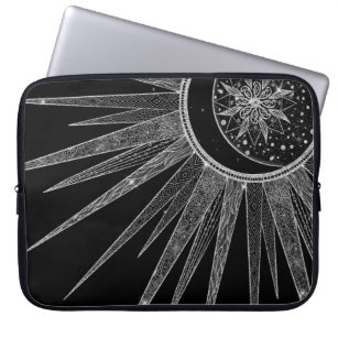Elegant Silver Sun Moon Mandala Black Design Laptop Sleeve