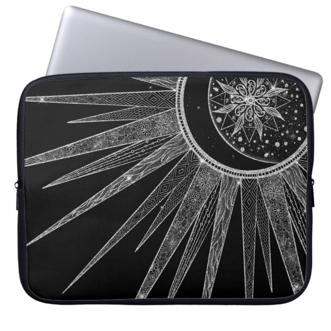 Elegant Silver Sun Moon Mandala Black Design Laptop Sleeve (Voorkant)
