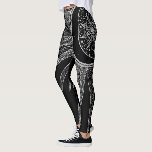 Elegant Silver Sun Moon Mandala Black Design Leggings (Links)