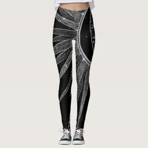 Elegant Silver Sun Moon Mandala Black Design Leggings