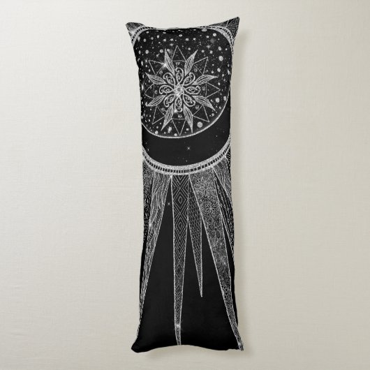 Elegant Silver Sun Moon Mandala Black Design Lichaamskussen (Achterkant (Verticaal))