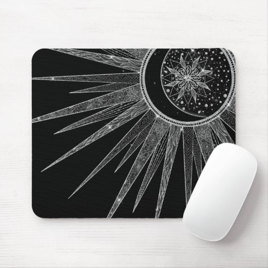 Elegant Silver Sun Moon Mandala Black Design Muismat (Met muis)